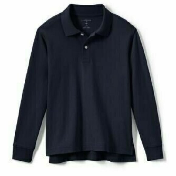 NWT LANDS' END KIDS LONG SLEEVE INTERLOCK POLO SHIRT CLASSIC NAVY LARGE - Picture 1 of 5